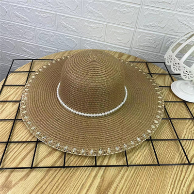 Large Brim Dome Simple Straw Hat With Pearl Accessories for female