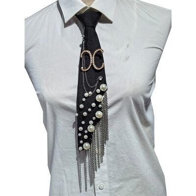 Wholesale Letter X Pearl Brooch Necktie Handmade Faux Pearl Alphabet Pin with Iron Chain Tassel Decorative Polyester Tie for Women (Black)