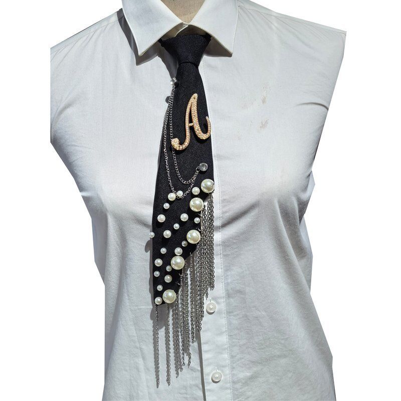 Wholesale Letter A Pearl Brooch Necktie Handmade Faux Pearl Alphabet Pin with Iron Chain Tassel Decorative Polyester Tie for Women (Black)
