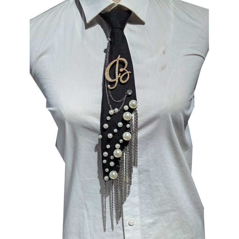 Wholesale Letter B Pearl Brooch Necktie Handmade Faux Pearl Alphabet Pin with Iron Chain Tassel Decorative Polyester Tie for Women (Black)