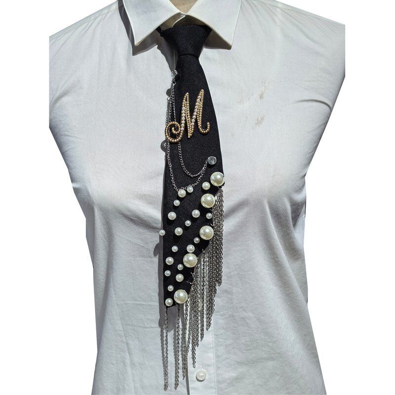 Wholesale Letter M Pearl Brooch Necktie Handmade Faux Pearl Alphabet Pin with Iron Chain Tassel Decorative Polyester Tie for Women (Black)