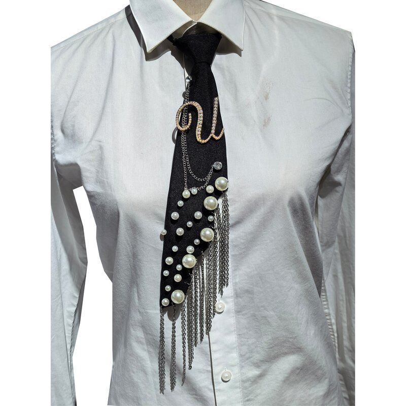 Wholesale Letter U Pearl Brooch Necktie Handmade Faux Pearl Alphabet Pin with Iron Chain Tassel Decorative Polyester Tie for Women (Black)